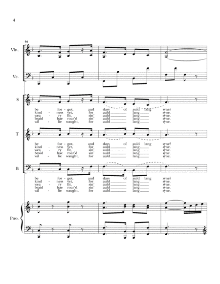 Auld Lang Syne for Violin, Cello, Piano, and 3-part (STB) Chorus. Score and Parts image number null