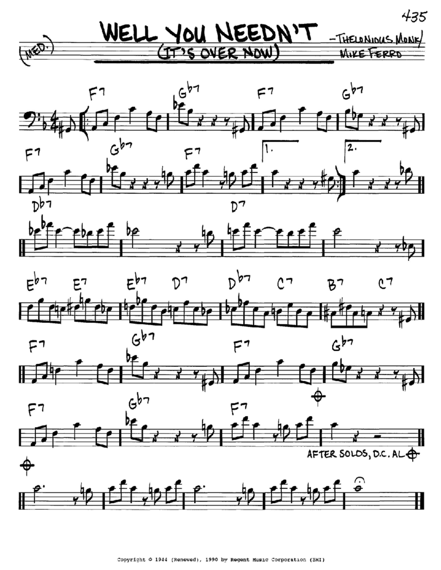 Well You Needn't (It's Over Now) Bass Clef Instrument scores gallery preview page 1