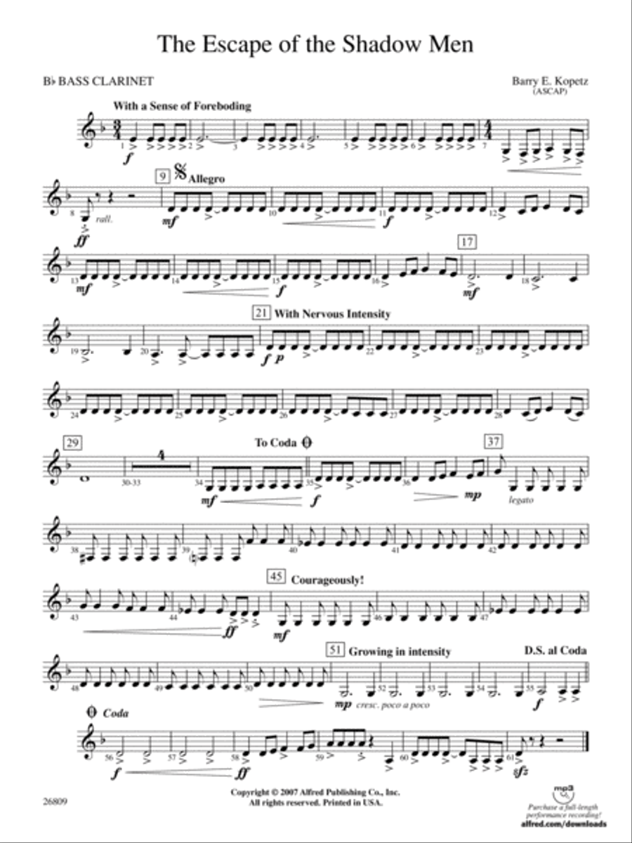 The Escape of the Shadow Men: B-flat Bass Clarinet Concert Band scores gallery preview page 1