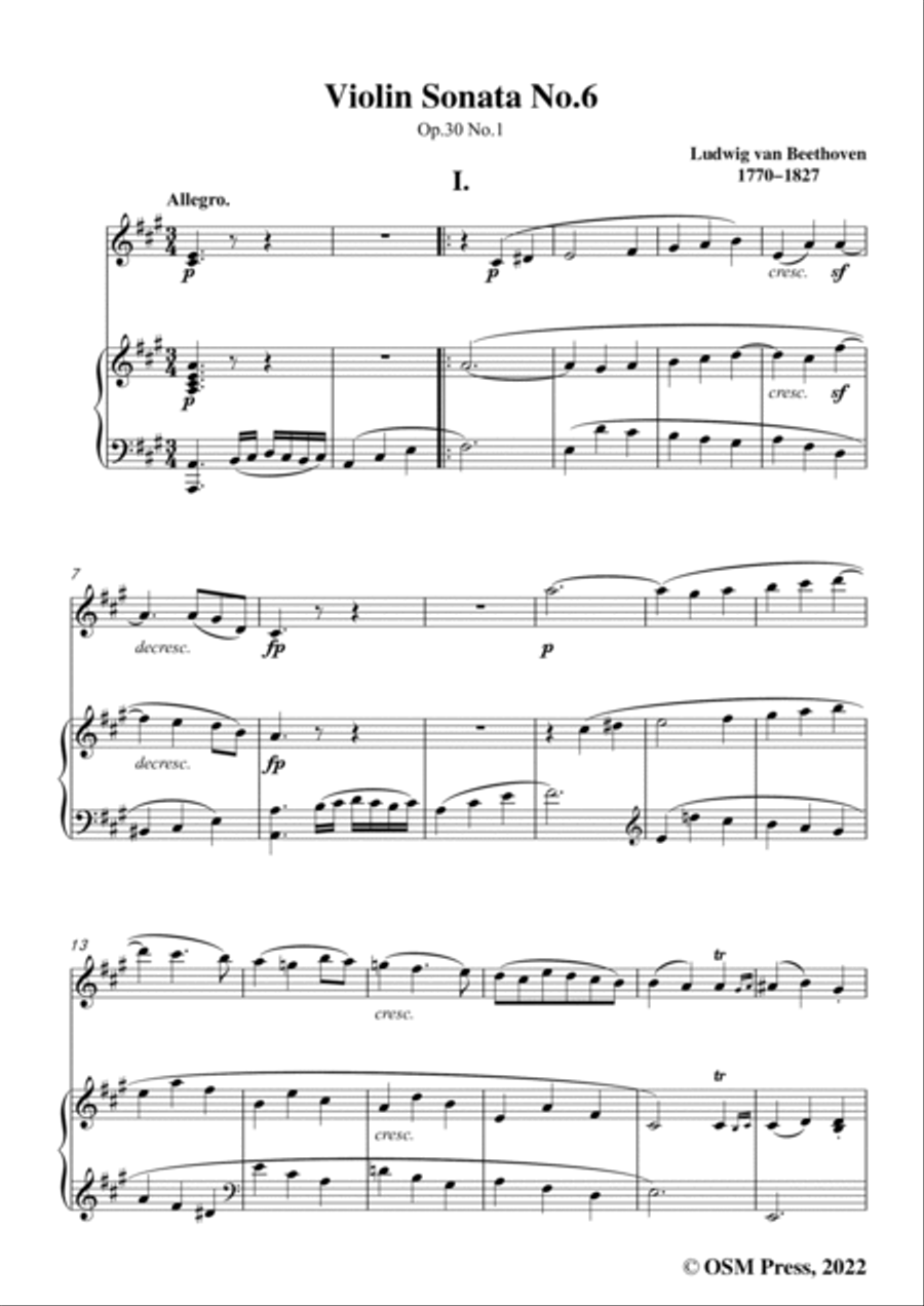 Beethoven-Violin Sonata No.6 in A Major,Op.30 No.1,for Violin and Piano Violin Solo scores gallery preview page 3