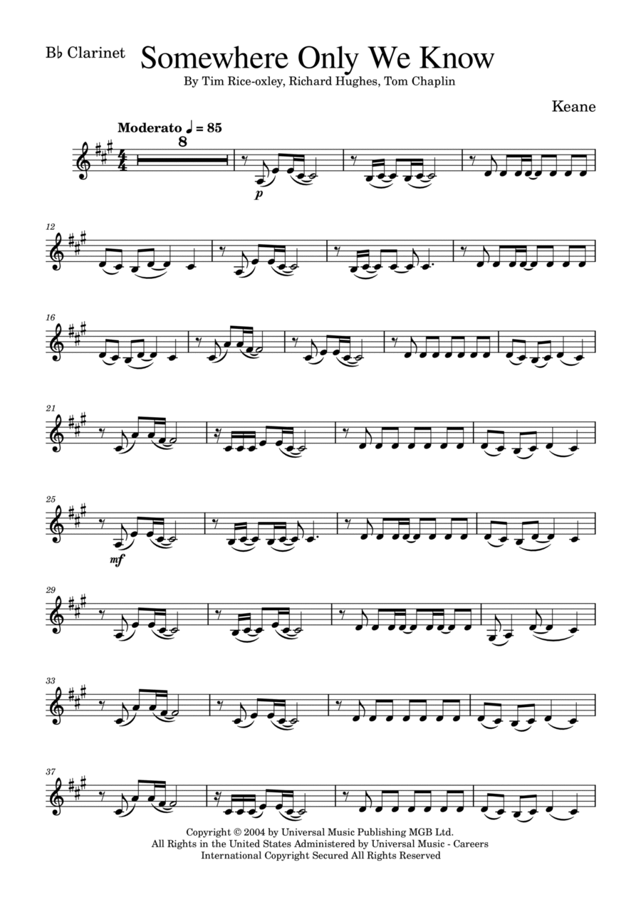Somewhere Only We Know B-Flat Clarinet scores gallery preview page 1
