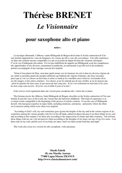 Thérèse Brenet : Le Visionnaire for alto saxophone and piano