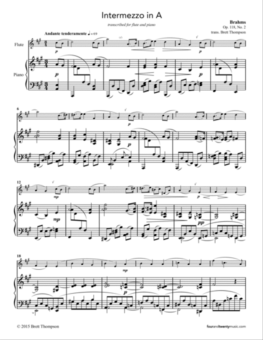 Intermezzo in A, opus 118 no 2 arranged for flute and piano Flute Solo scores gallery preview page 2