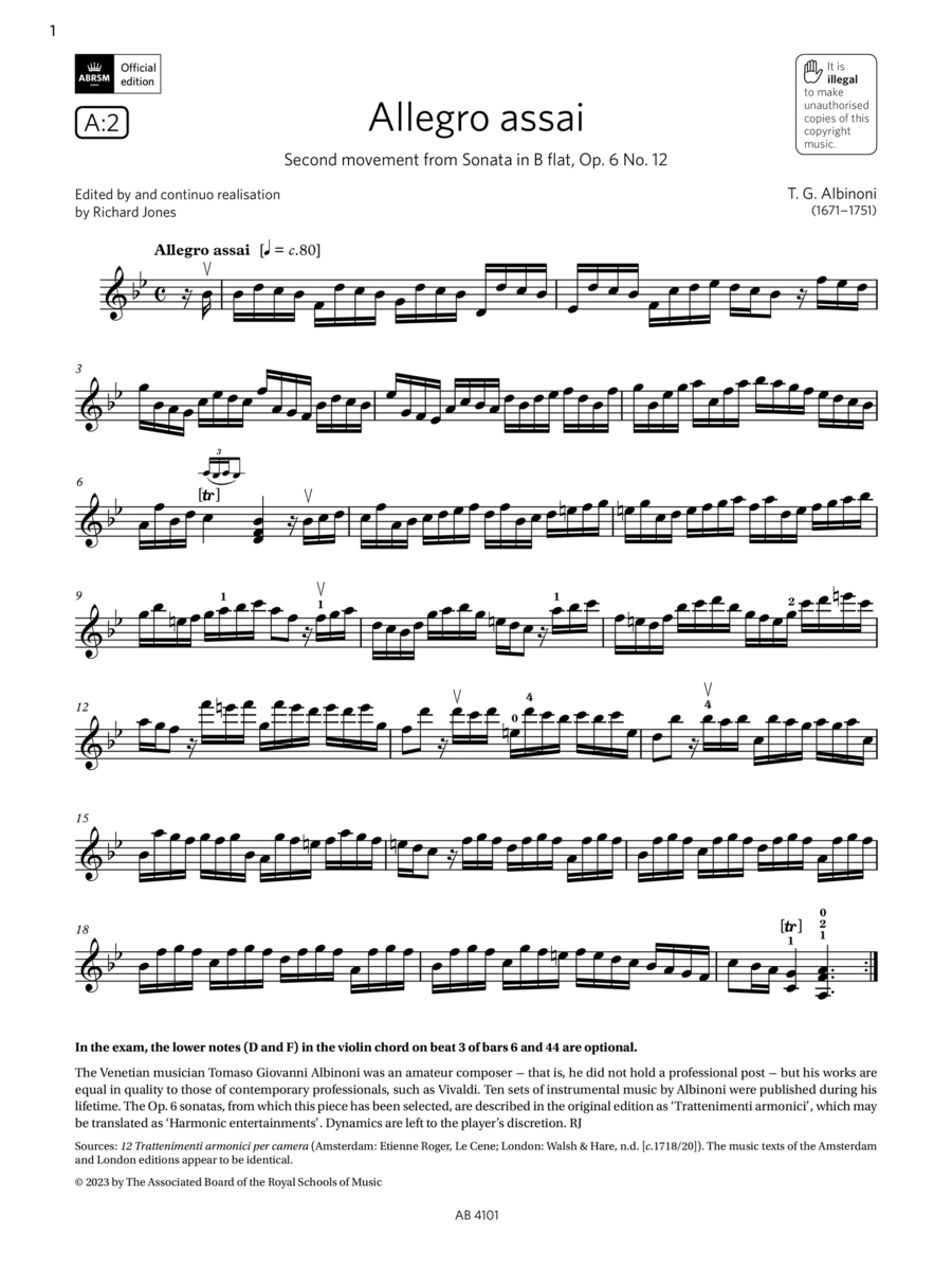 Allegro assai (Grade 7, A2, from the ABRSM Violin Syllabus from 2024) Violin Solo scores gallery preview page 1