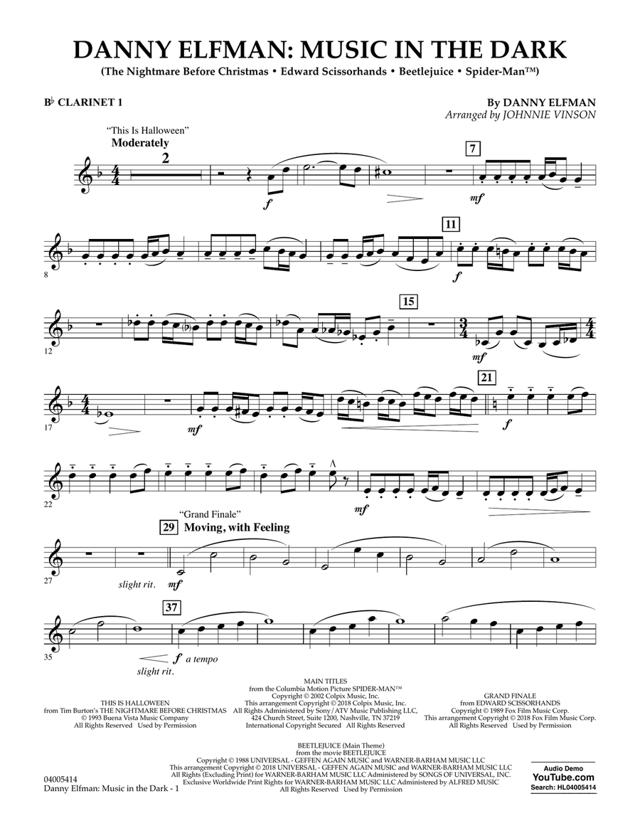 Danny Elfman: Music in the Dark - Bb Clarinet 1 Concert Band scores gallery preview page 1