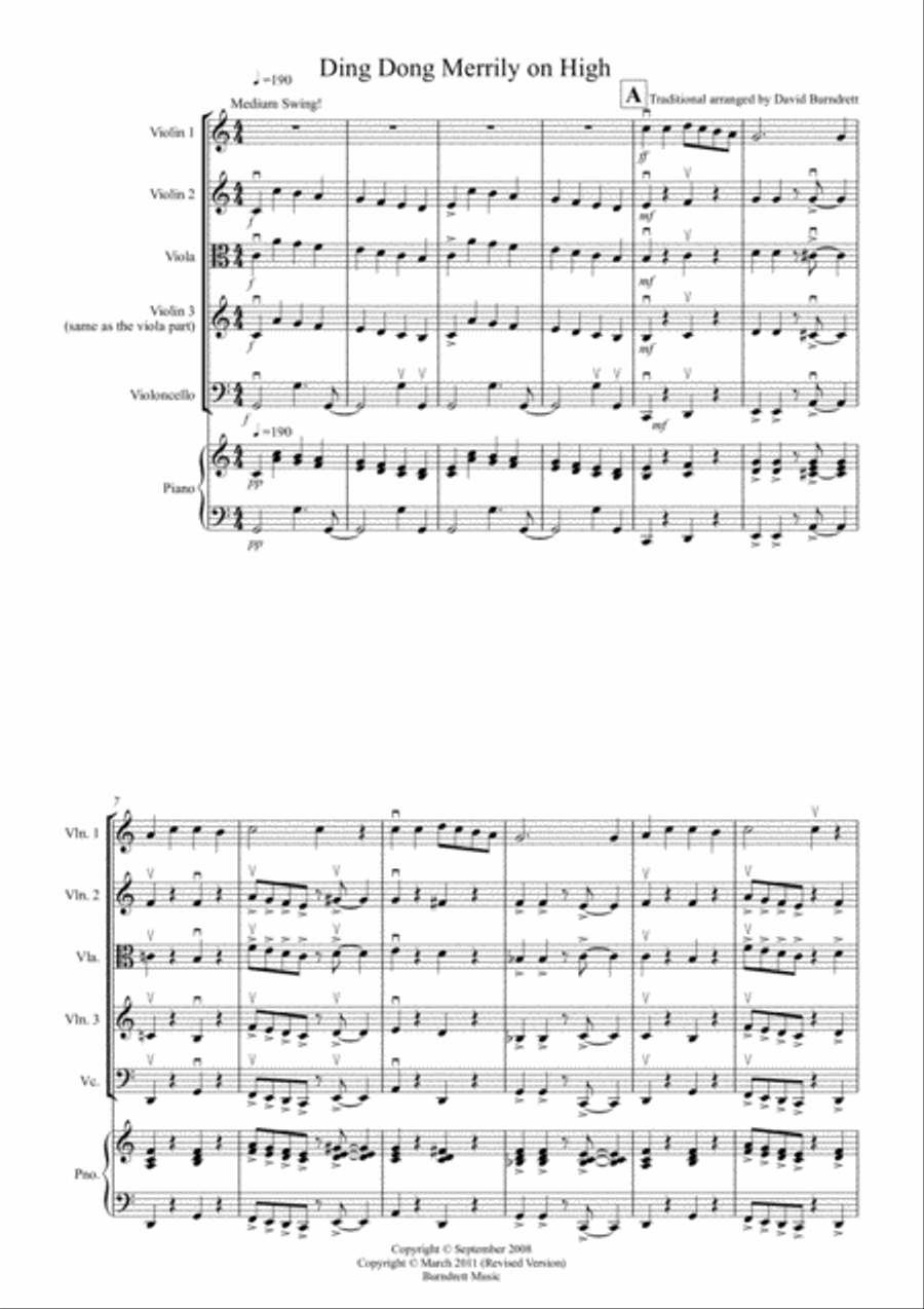 Ding Dong Merrily on High (Jazzy Style!) for String Quartet String Quartet scores gallery preview page 1