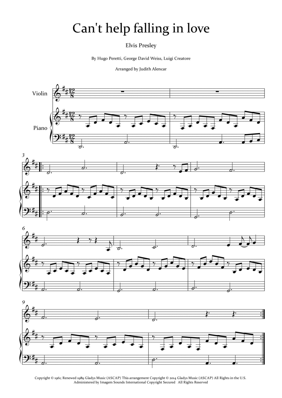 Can't Help Falling In Love Violin Solo scores gallery preview page 1