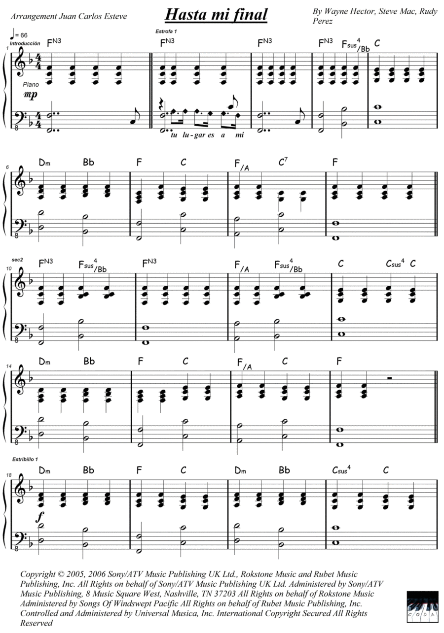 Hasta Mi Final Easy Piano scores gallery preview page 1