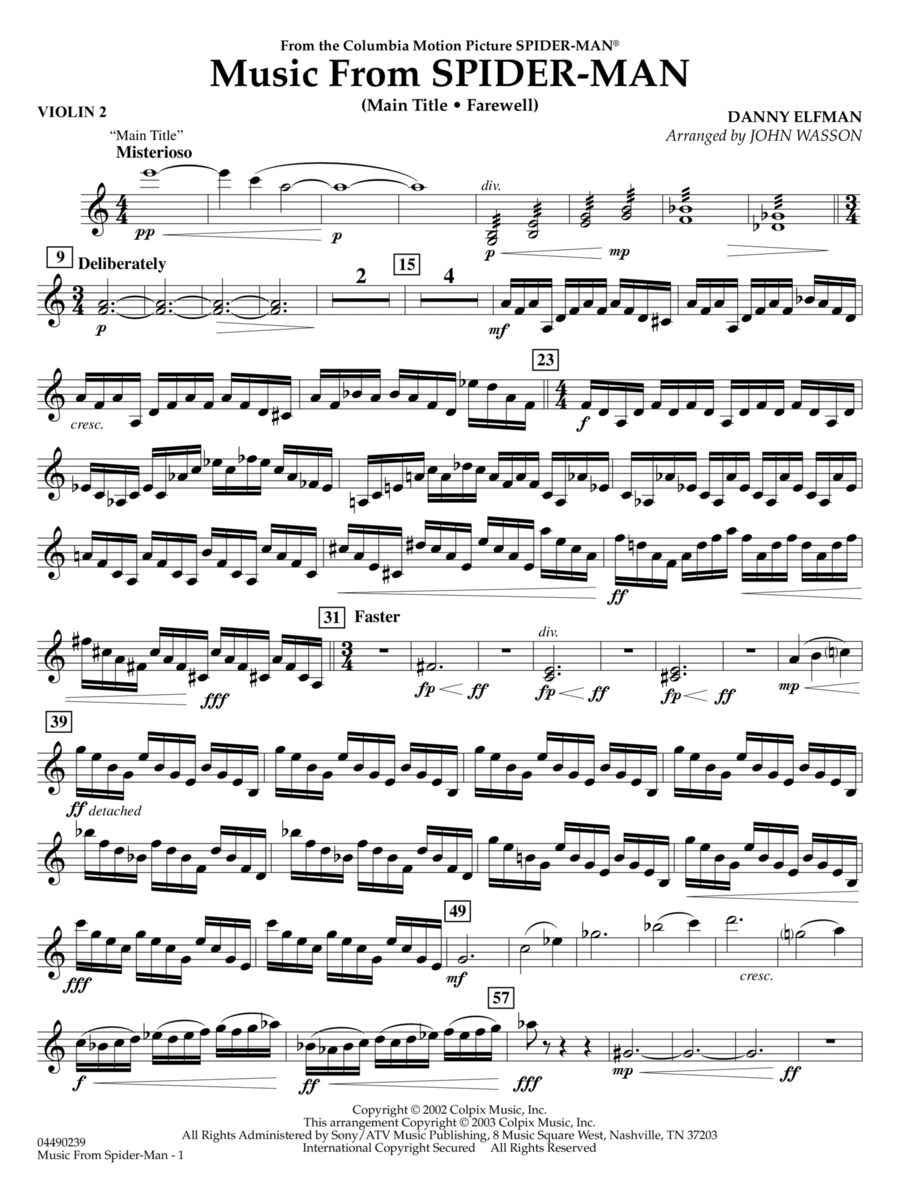 Music from Spider-Man (arr. John Wasson) - Violin 2 Full Orchestra scores gallery preview page 1