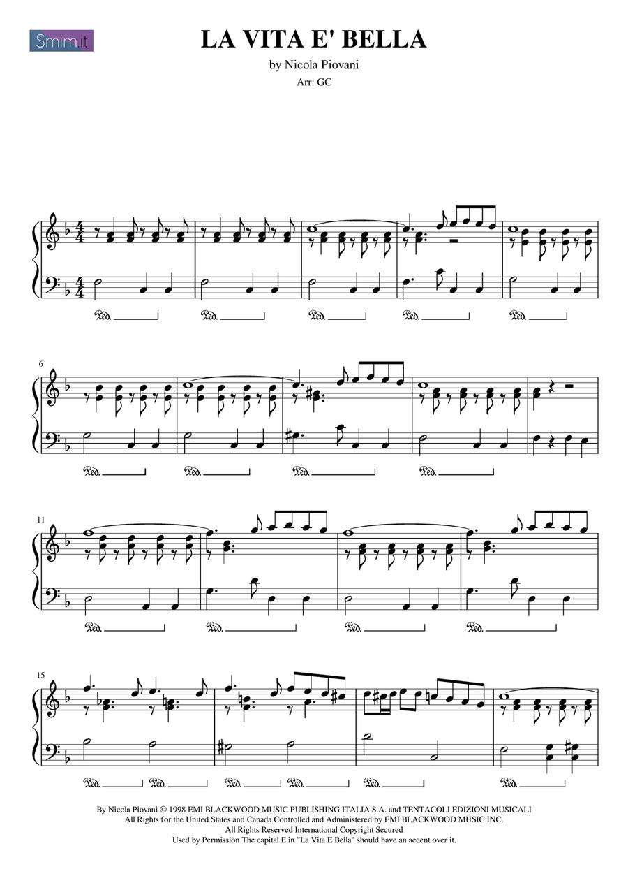 Life Is Beautiful (la Vita E Bella) Piano Solo scores gallery preview page 1