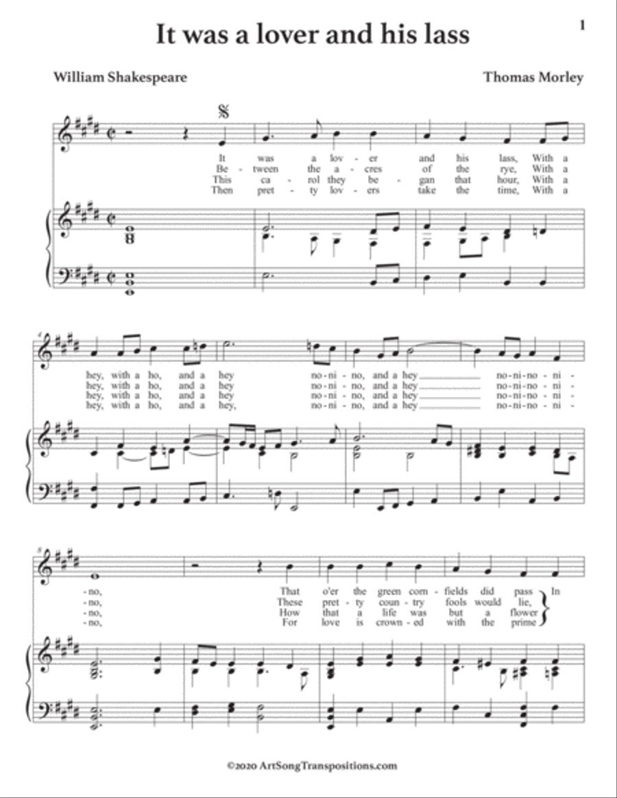 MORLEY: It was a lover and his lass (transposed to E major) Voice scores gallery preview page 2