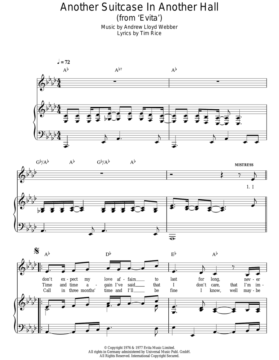Another Suitcase In Another Hall (from Evita) Piano, Vocal, Guitar scores gallery preview page 1