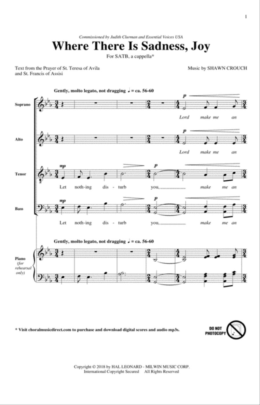 Where There Is Sadness, Joy 4-Part scores gallery preview page 1