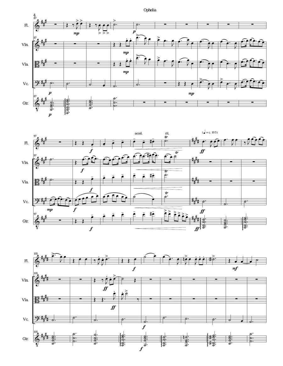 Ophelia for flute, string trio and guitar Small Ensemble scores gallery preview page 4