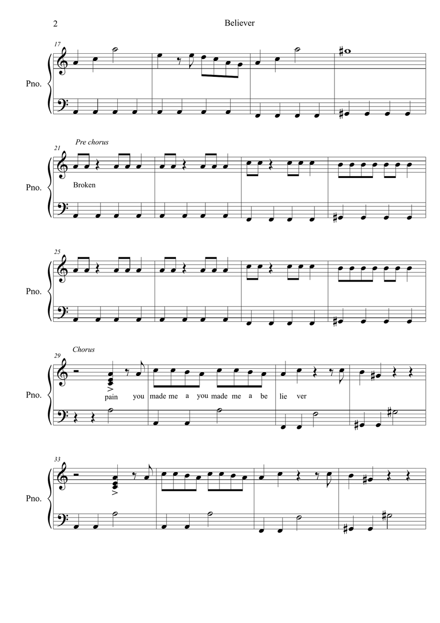 Believer Easy Piano scores gallery preview page 2