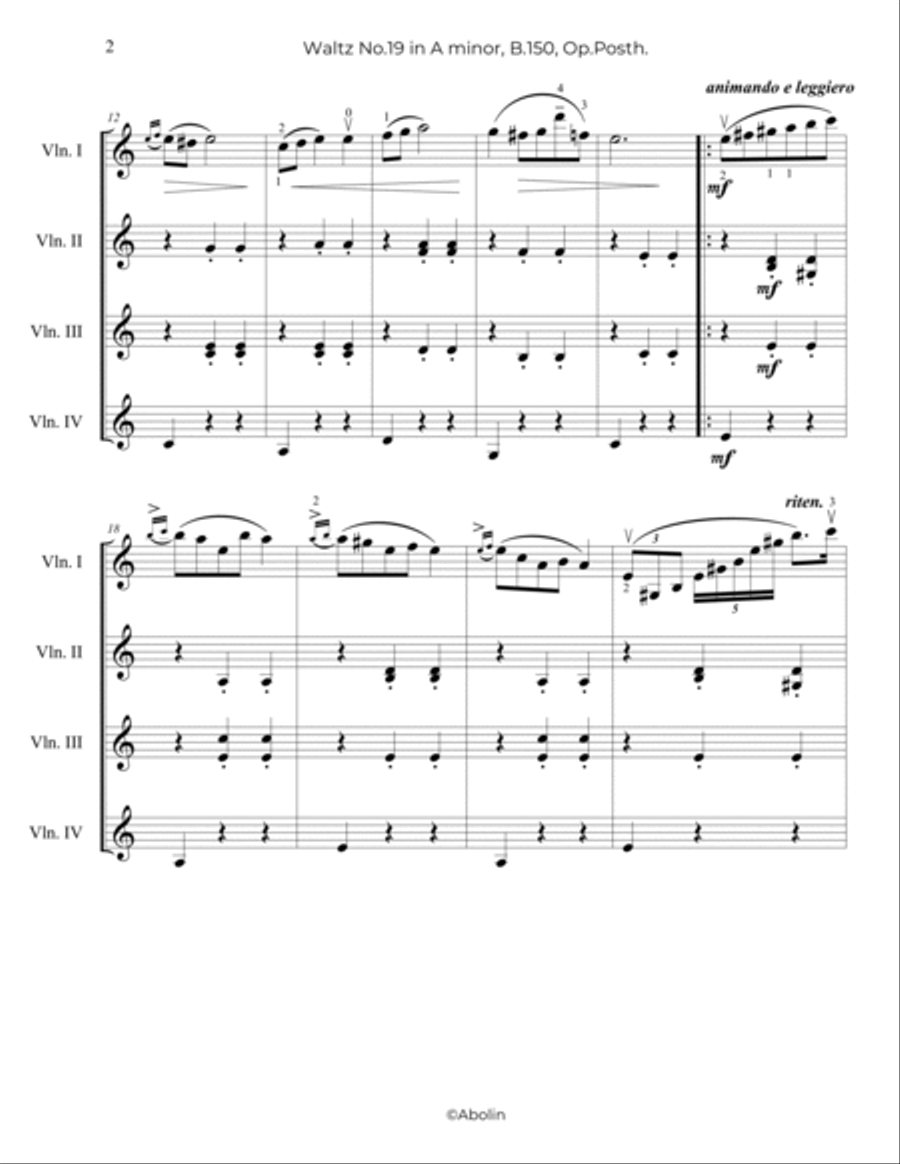 Chopin: Waltz No.19, B.150 - arr. for Violin Quartet Chamber Music scores gallery preview page 3