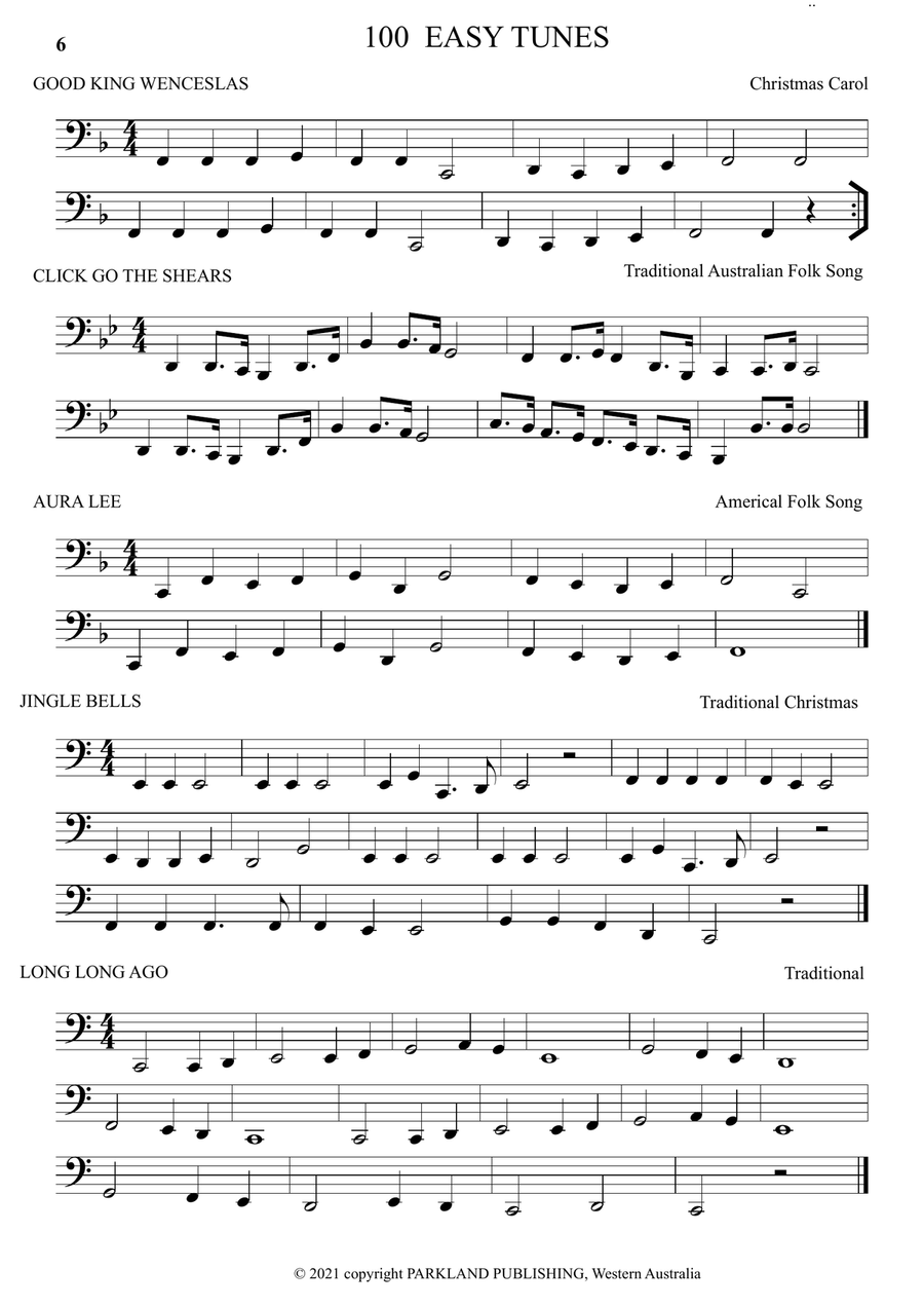A LEARN TO PLAY book of 100 EASY TUNES and 10 EASY DUETS for Beginner TUBA, BASS CLEF Brass Duet scores gallery preview page 6