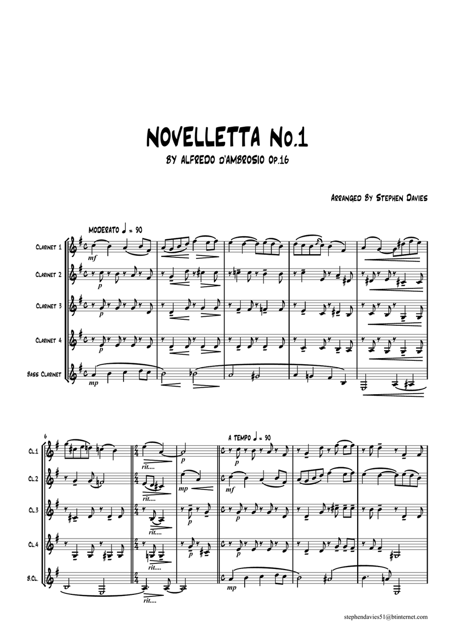 'Novelletta No.1' By Alfredo d'Ambrosio for Clarinet Quintet Clarinet Quintet scores gallery preview page 1