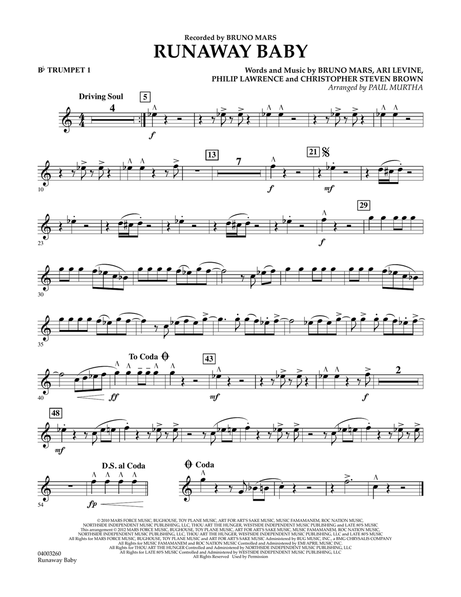 Runaway Baby - Bb Trumpet 1 Concert Band scores gallery preview page 1