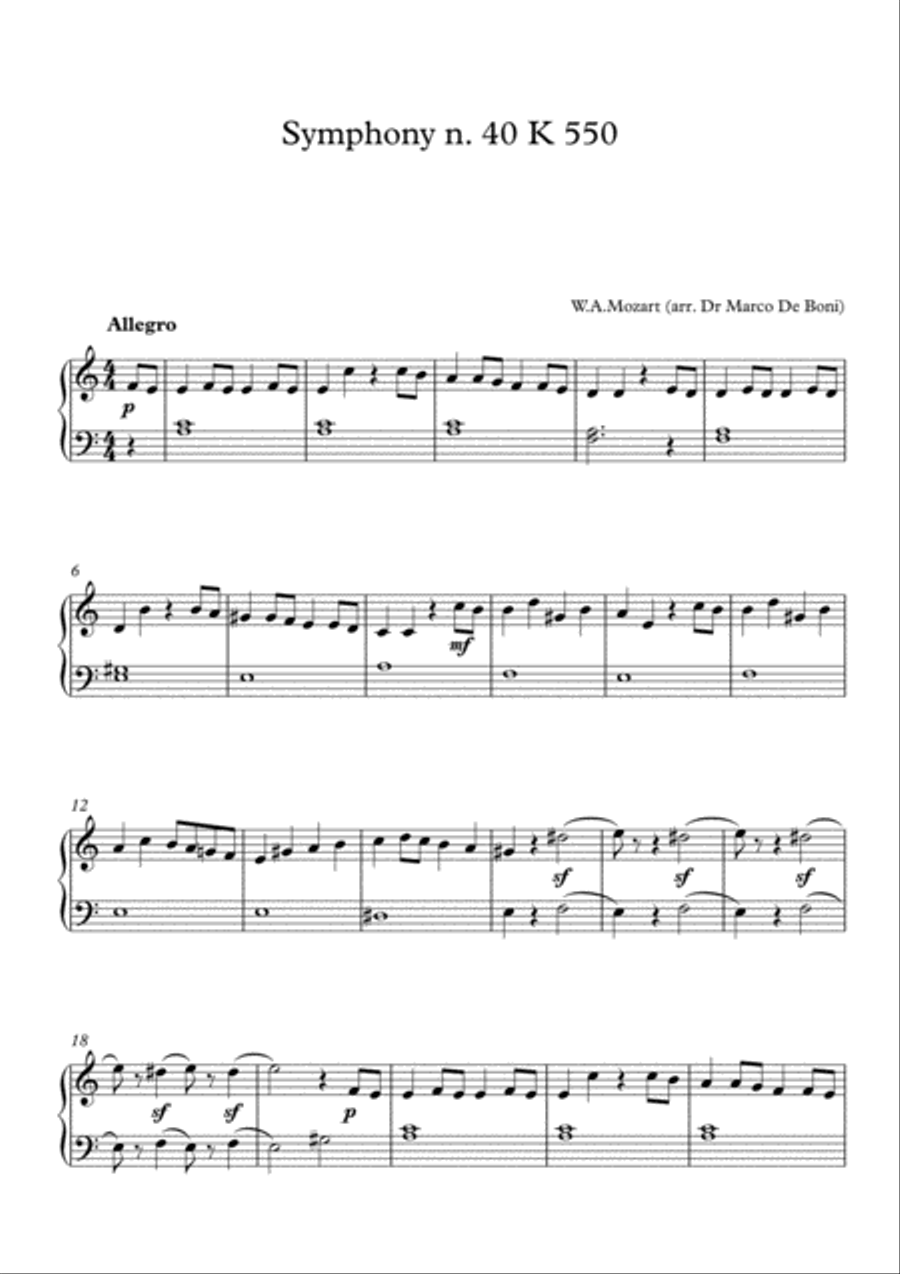 Mozart, Symphony n. 40 K.550 (Easy Piano version for beginners) Easy Piano scores gallery preview page 1
