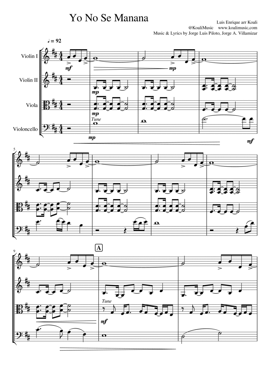Yo No Se Manana String Quartet scores gallery preview page 1