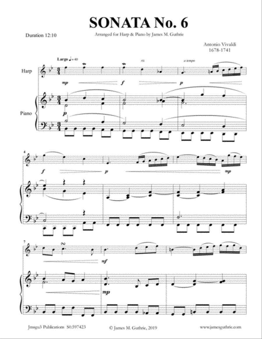 Vivaldi: Sonata No. 6 for Harp & Piano Harp scores gallery preview page 1
