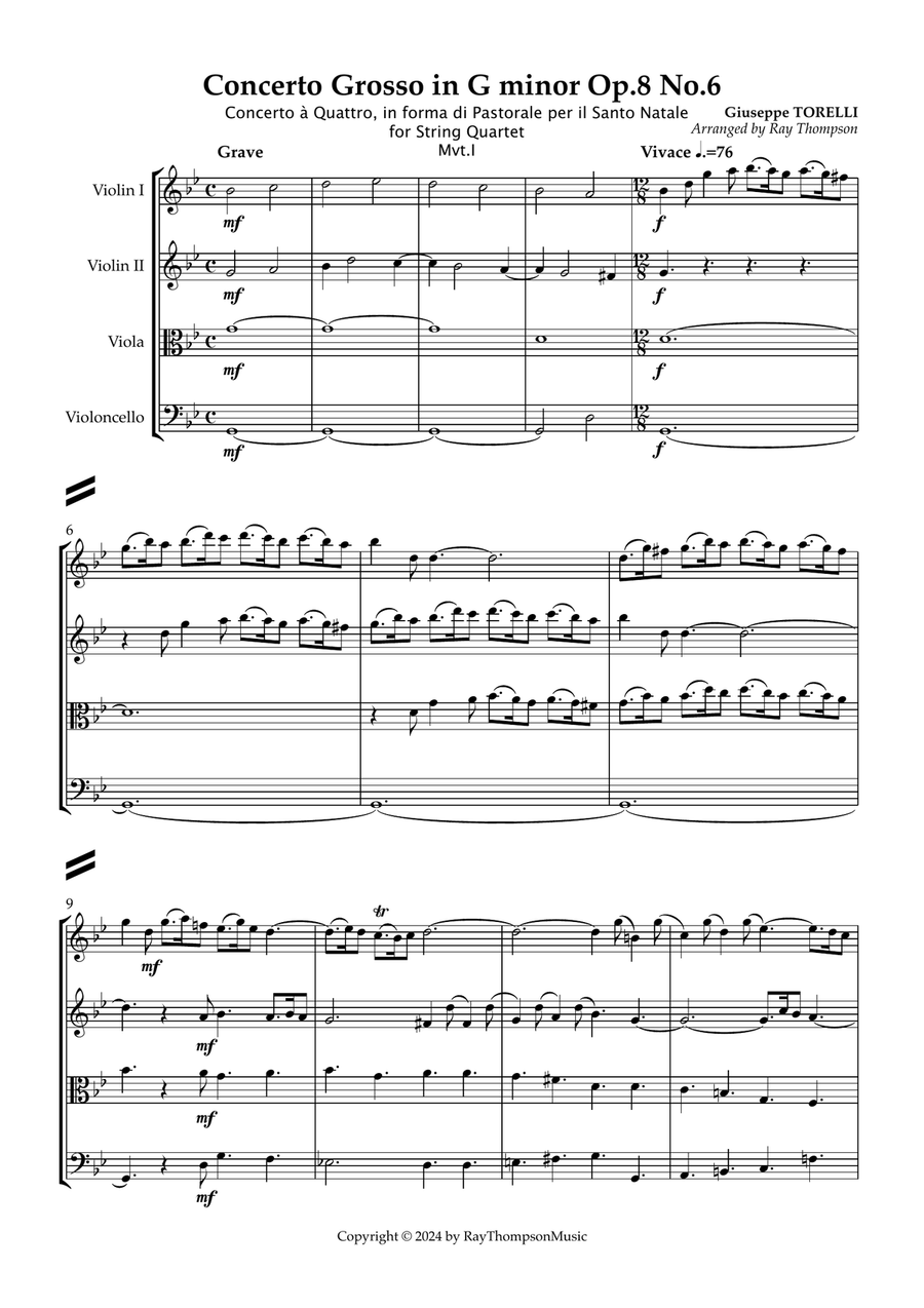 Torelli: Concerto Grosso in G minor (Christmas Concerto) Op.8 No.6 Mvt.1 - string quartet String Quartet scores gallery preview page 2