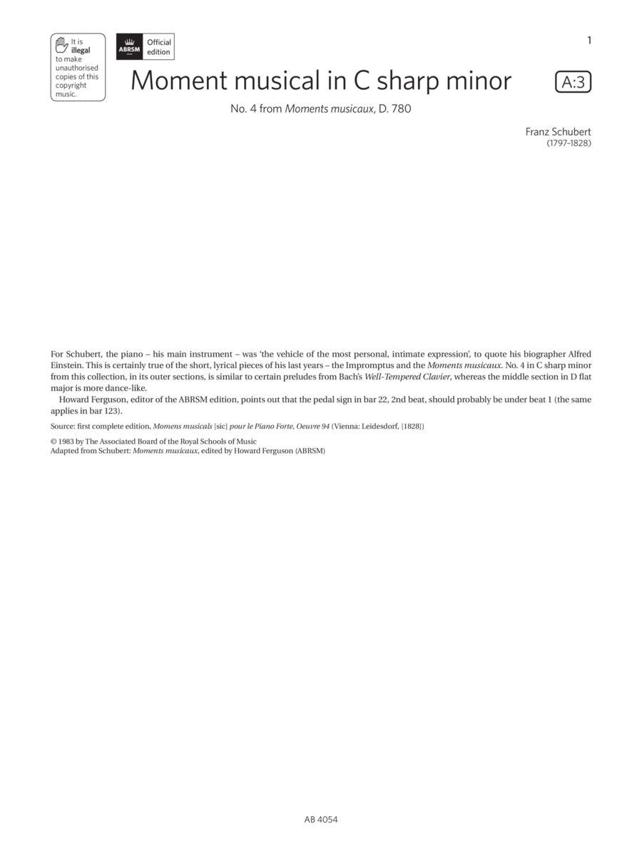 Moment musical in C sharp minor (Grade 8, list A3, from the ABRSM Piano Syllabus 2023 & 2024) Piano Method scores gallery preview page 1