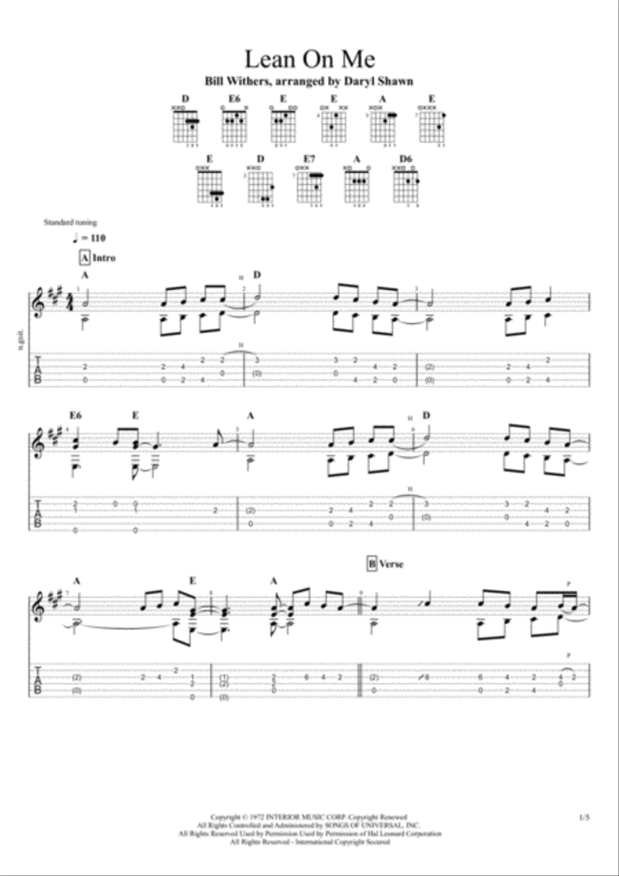 Lean On Me Guitar Tablature scores gallery preview page 1