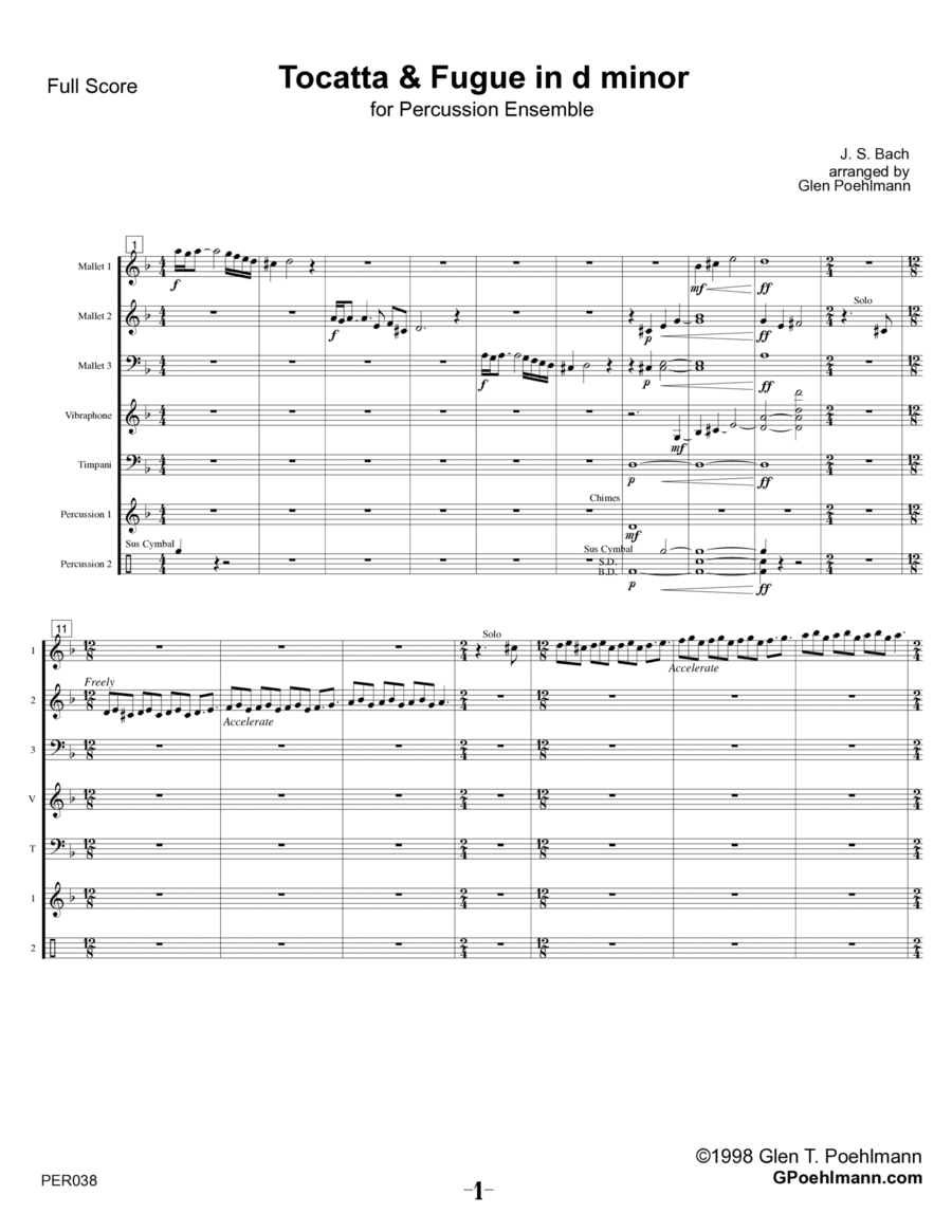 TOCATTA & FUGUE IN D MINOR (Bach - BWV 565) - Percussion Ensemble (Grade 4+) Percussion Ensemble scores gallery preview page 1