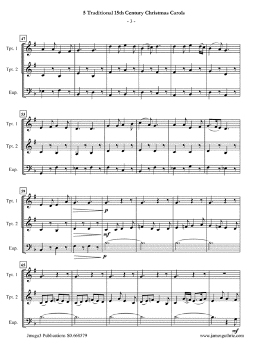 5 Traditional 15th Century Christmas Carols for Trumpet Duo & Euphonium Brass Duet scores gallery preview page 3