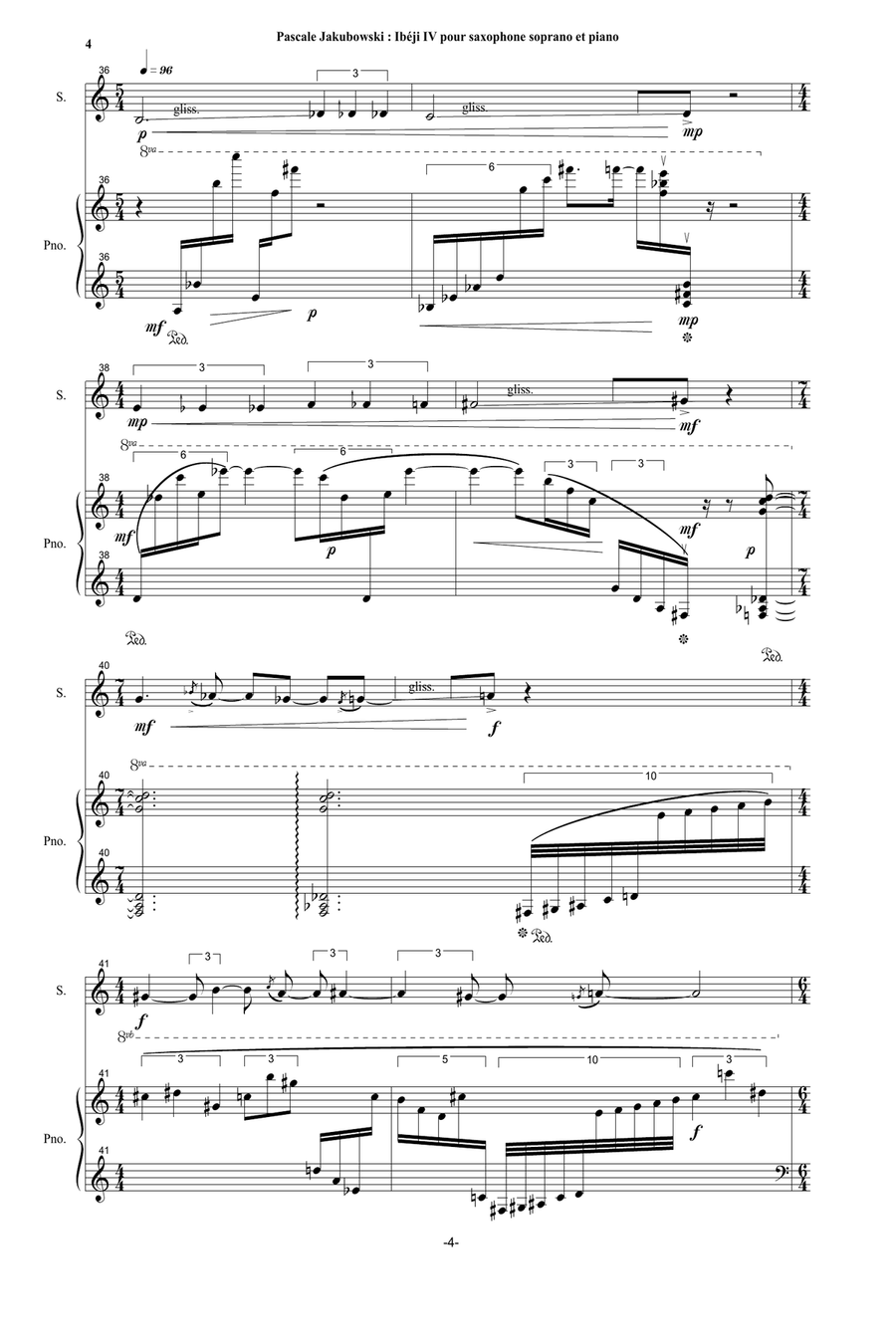 Pascale Jakubowski : Ibéji IV for soprano saxophone and piano Soprano Saxophone scores gallery preview page 4