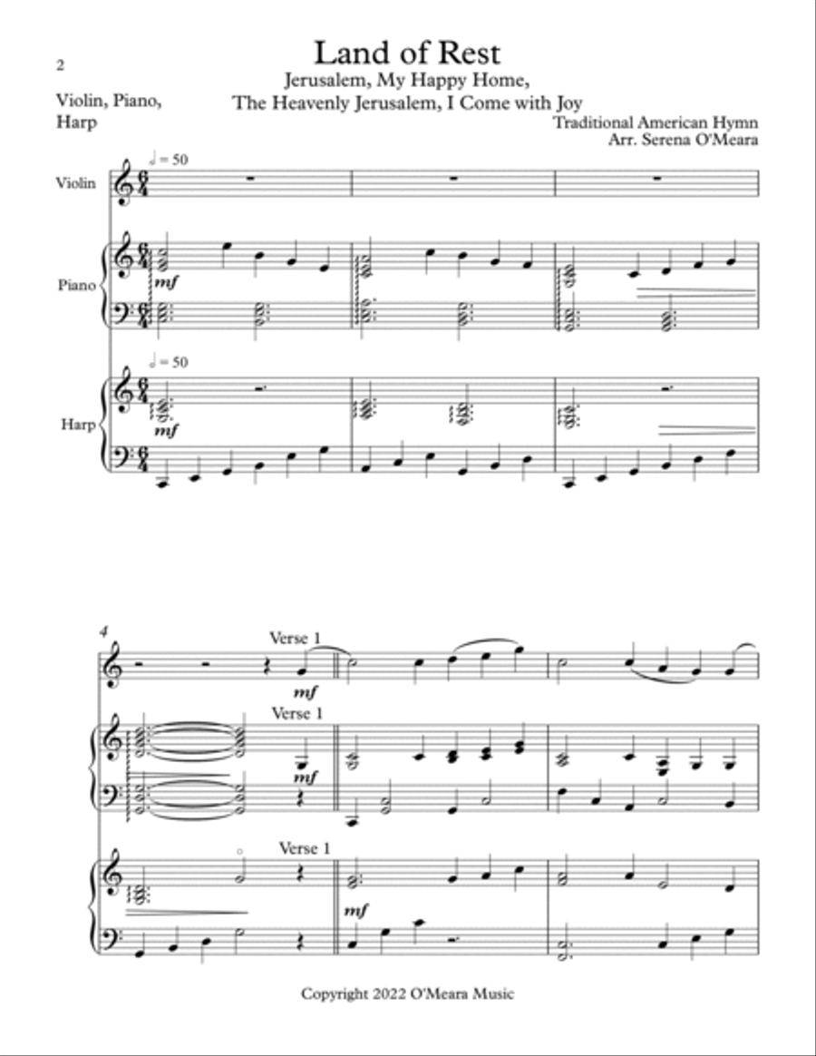 Land of Rest, Trio for Violin, Harp, Piano Pedal Harp scores gallery preview page 2