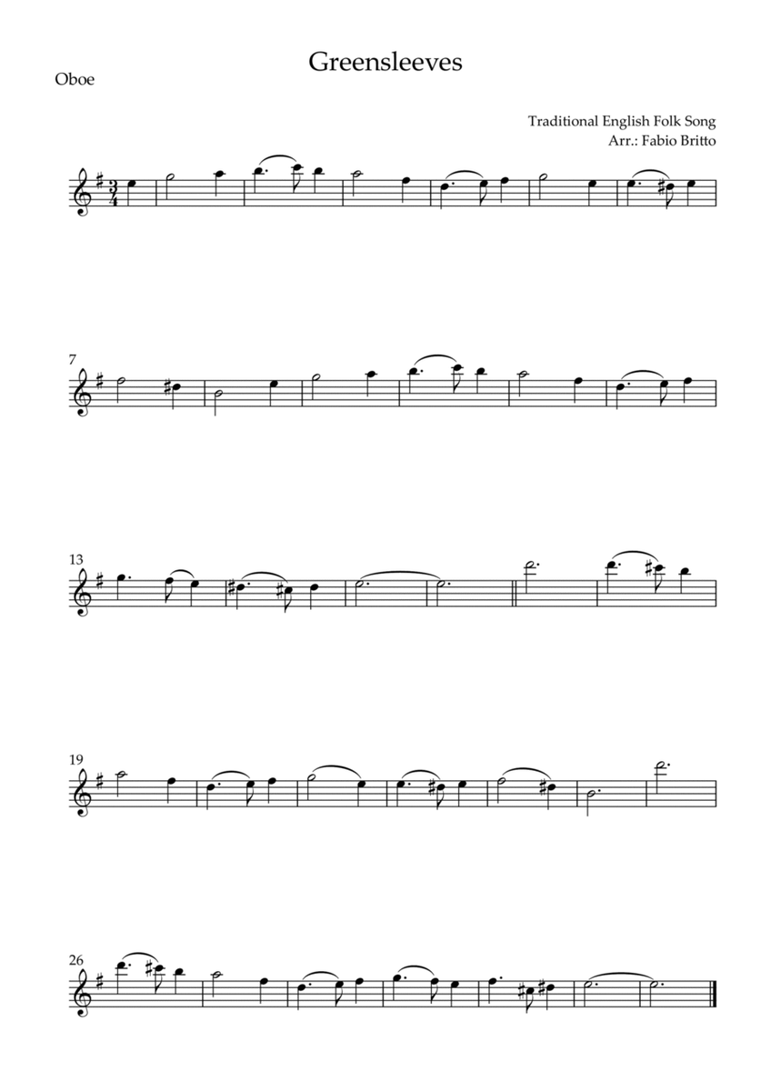 Greensleeves for Oboe Solo (E Minor)