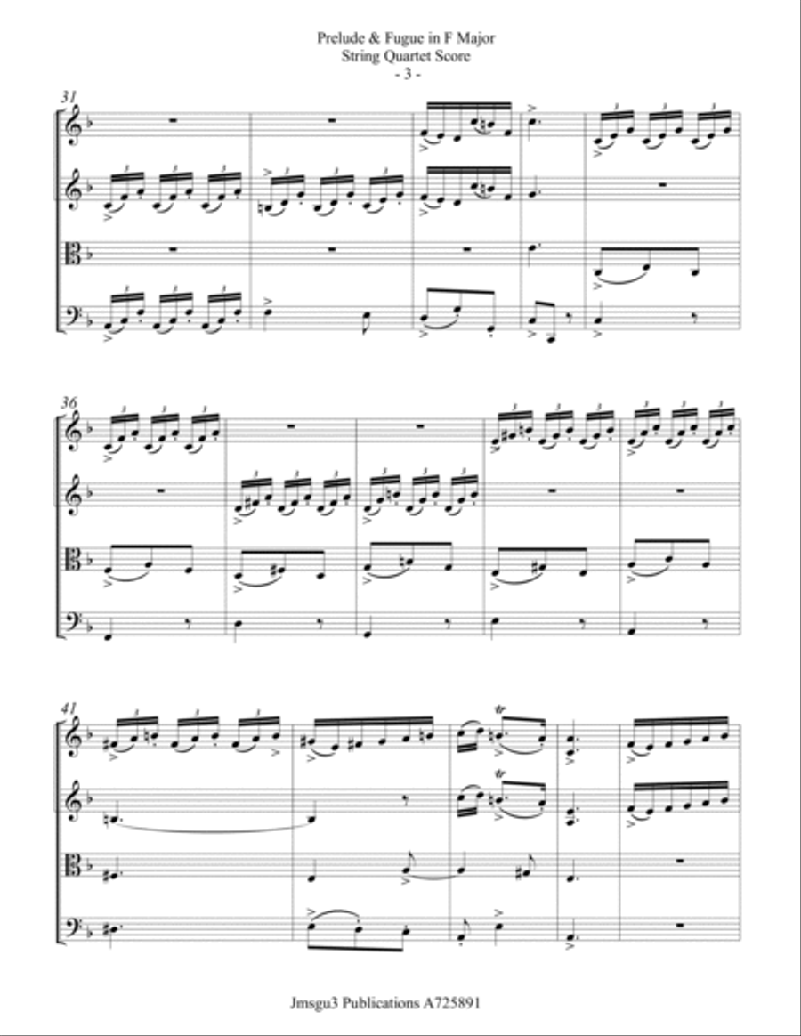 Bach: Prelude & Fugue in F Major BWV 556 for String Quartet String Quartet scores gallery preview page 3