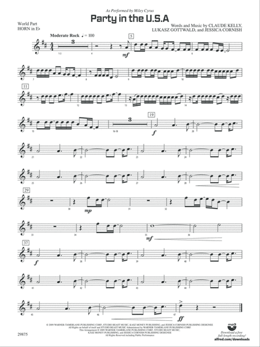 Party in the U.S.A.: (World Part) 1st Horn in E-flat Concert Band scores gallery preview page 1