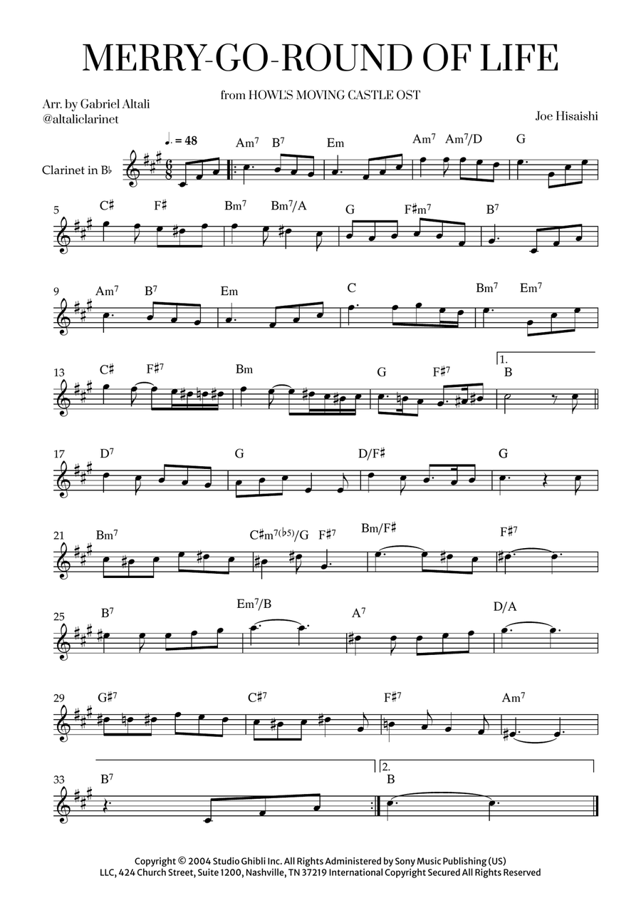 Merry-Go-Round Of Life B-Flat Clarinet scores gallery preview page 1