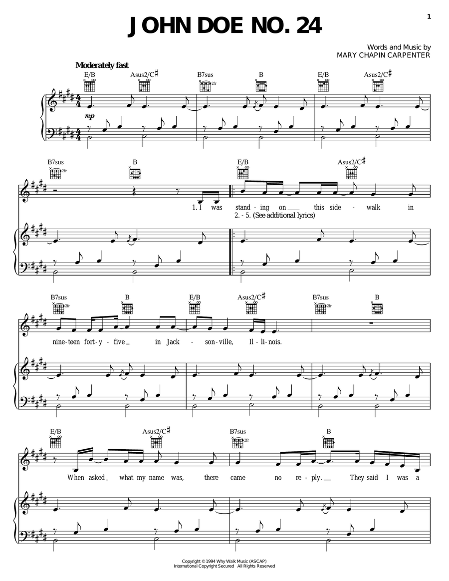 John Doe No. 24 John Doe No. 24 Piano, Vocal, Guitar scores gallery preview page 1