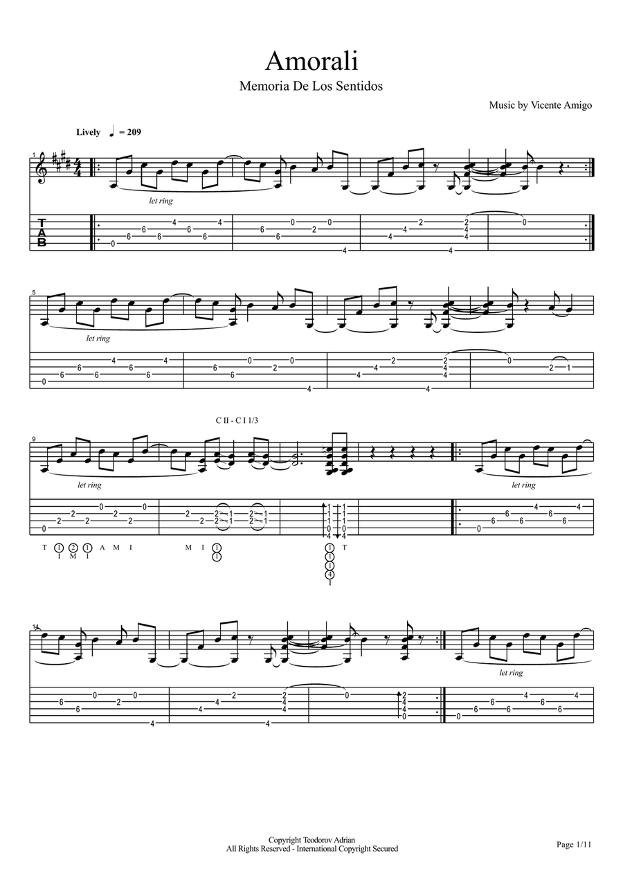 Vicente Amigo - Memoria De Los Sentidos - 1 - Amorali Electric Guitar scores gallery preview page 1