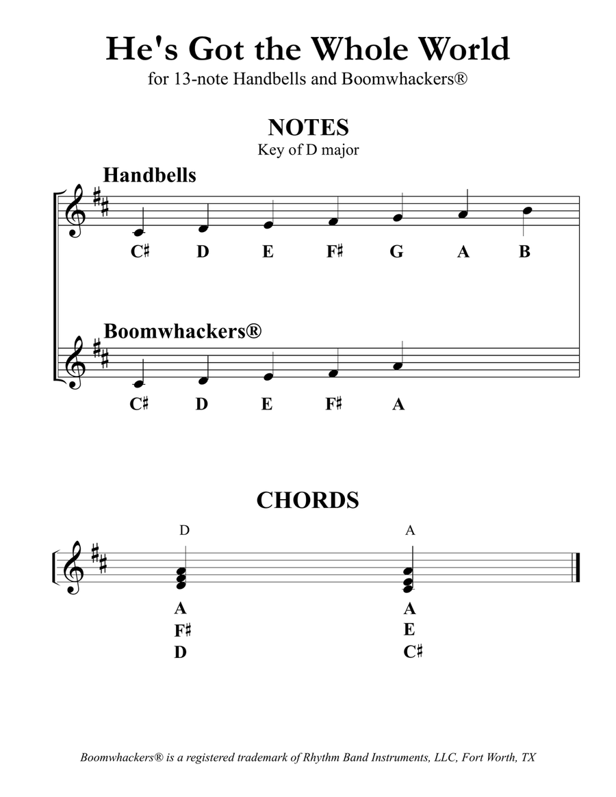 He's Got the Whole World In His Hands (for 13-note Bells and Boomwhackers, Black and White Notes) Handbell Choir scores gallery preview page 3