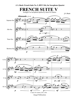 Book cover for Bach: French Suite No. 5, BWV 816, for Saxophone Quartet