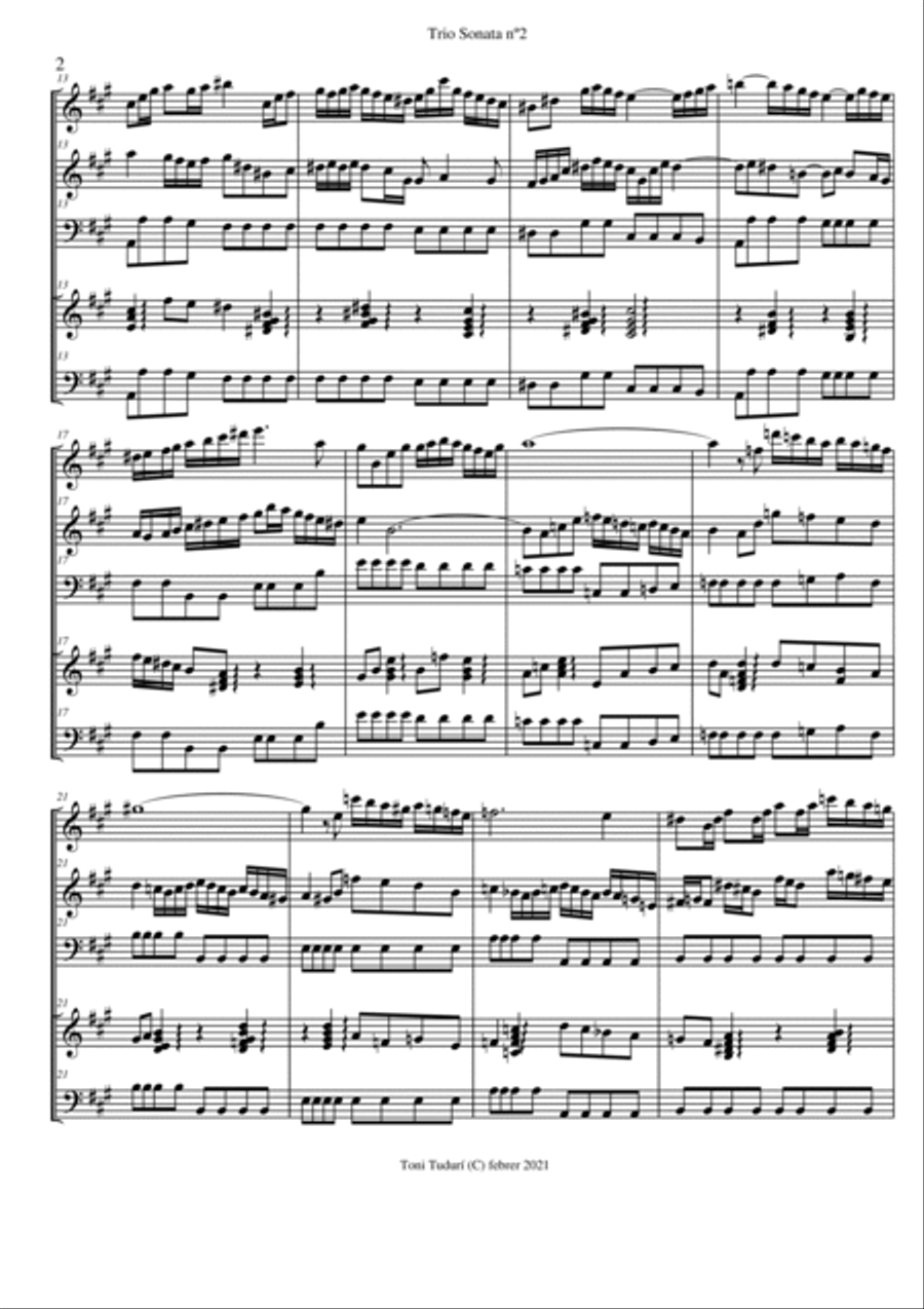 Trio sonata nº2 in A Major for flute, violin & cello, 2 violins & cello and basso continuo (SCORE D Small Ensemble scores gallery preview page 2