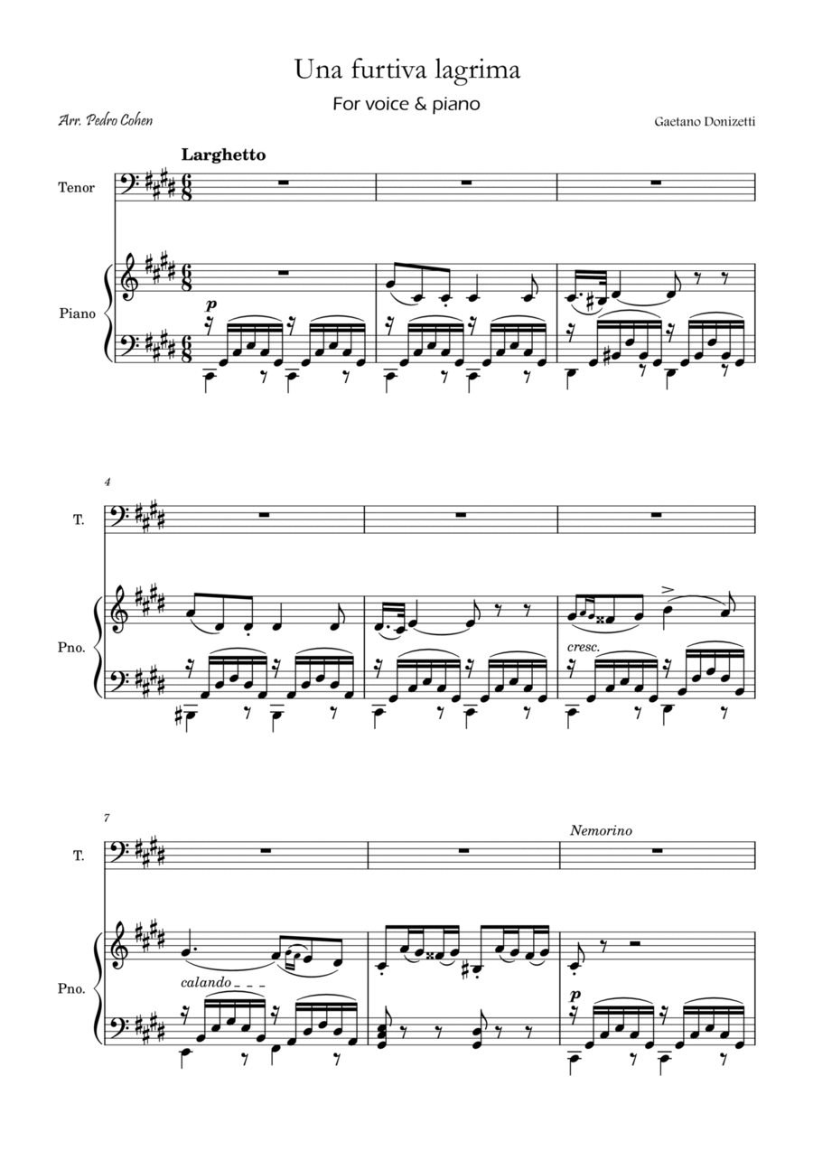 Una Furtiva Lagrima (Tenor in C#m) Piano, Vocal, Guitar scores gallery preview page 1