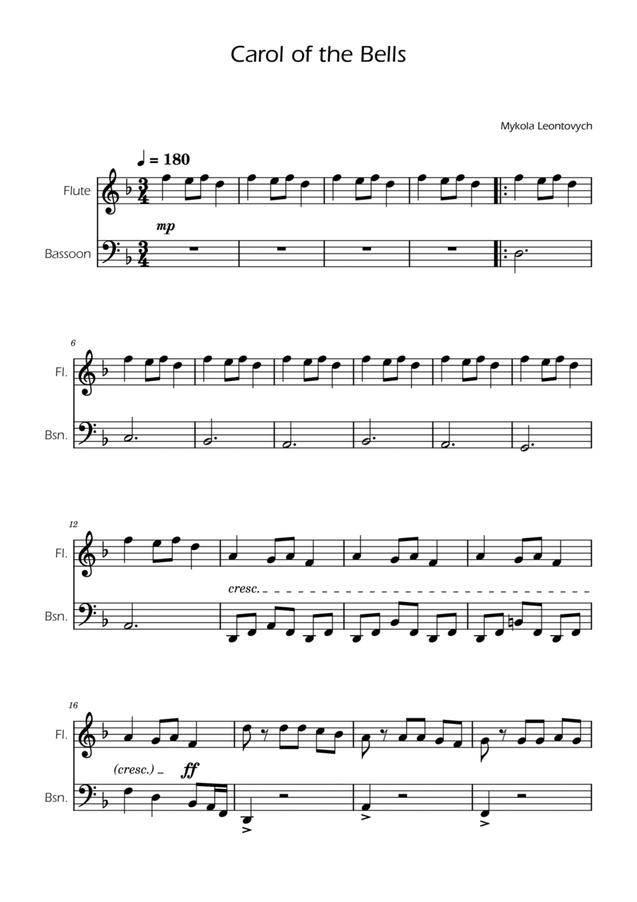 Carol of the Bells - Flute and Bassoon Carol of the Bells - Flute and Bassoon Woodwind Duet scores gallery preview page 1