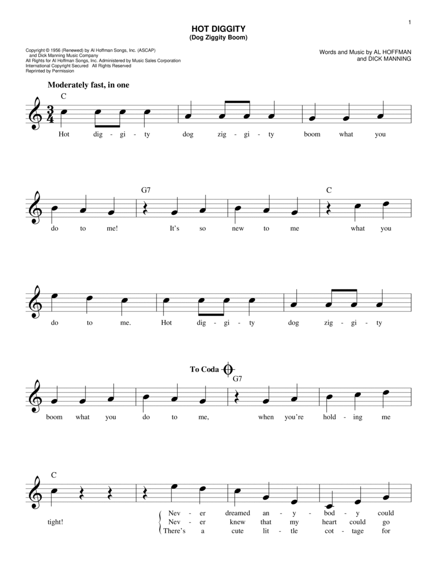 Hot Diggity (Dog Ziggity Boom) by Perry Como Piano Digital Sheet