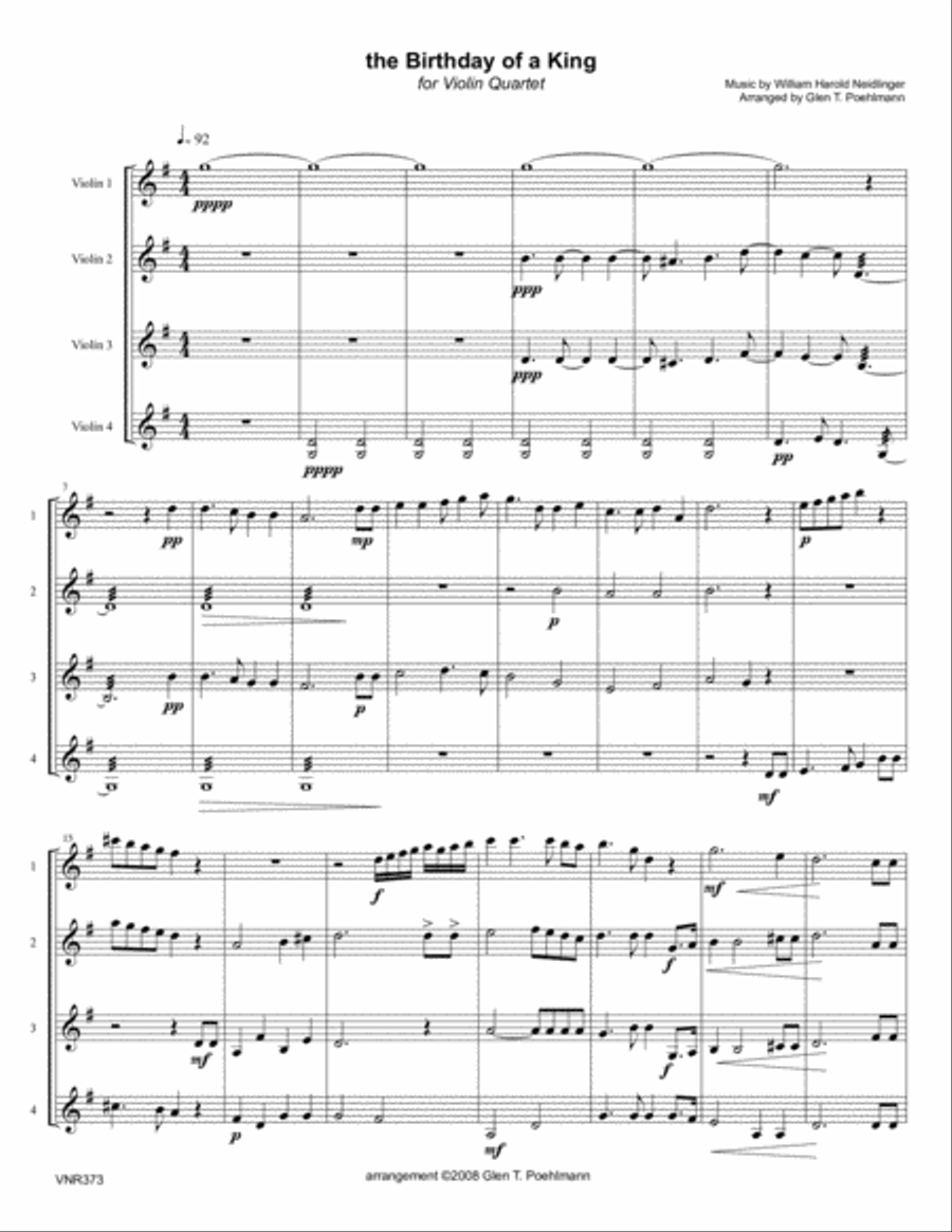 THE BIRTHDAY OF A KING - VIOLIN QUARTET or 3 Violins & Viola (unaccompanied) Viola scores gallery preview page 1