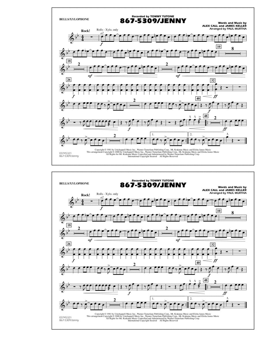 867-5309/Jenny - Bells/Xylophone Marching Band scores gallery preview page 1