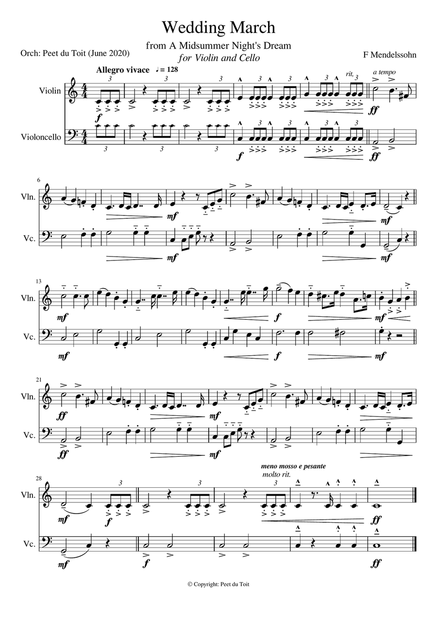 Wedding March from A Midsummer Night's Dream, Op. 61 - F Mendelssohn (Violin & Cello) excerpt String Duet scores gallery preview page 1