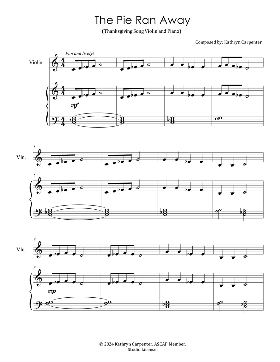 The Pie Ran Away (Thanksgiving Violin and Piano) Violin Solo scores gallery preview page 1