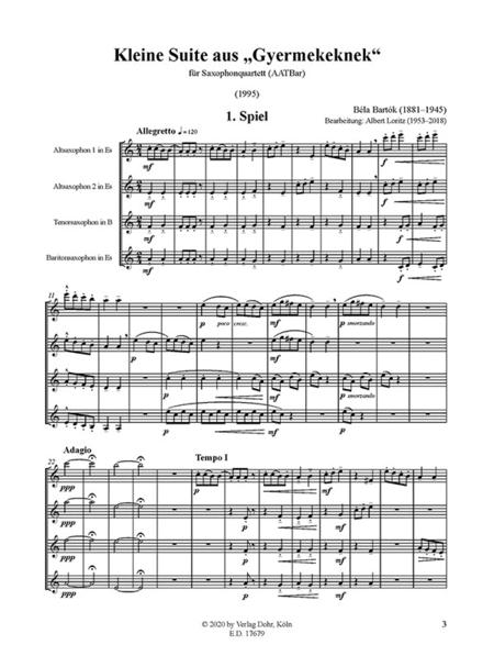 Kleine Suite aus "Gyermekeknek" (zusammengestellt und bearb. für Saxophonquartett)